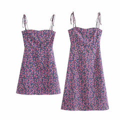 KASLEAD Women's Purple Floral High-Waist Dress