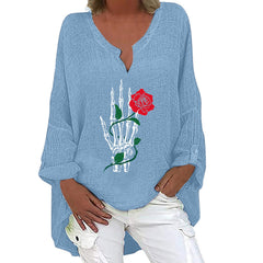 Halloween V-neck Cotton Linen Long Sleeve Shirt for Women