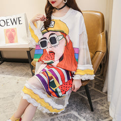 Women's Short Sleeve T-Shirt Dress with Lace Detail
