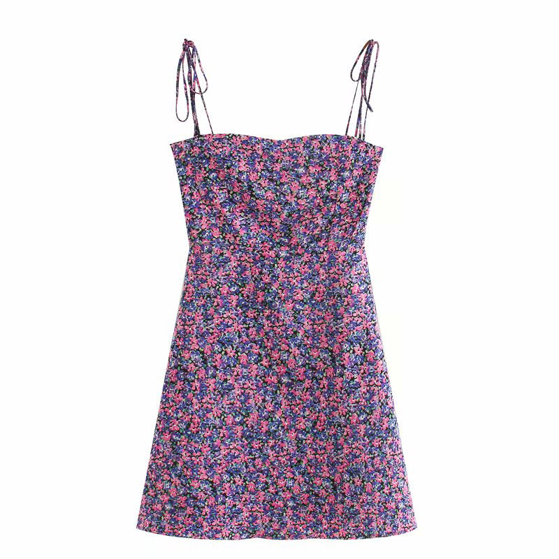 KASLEAD Women's Purple Floral High-Waist Dress