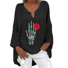 Halloween V-neck Cotton Linen Long Sleeve Shirt for Women