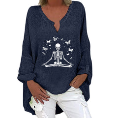 Halloween V-neck Cotton Linen Long Sleeve Shirt for Women