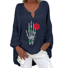 Halloween V-neck Cotton Linen Long Sleeve Shirt for Women